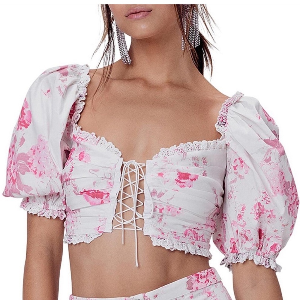 For‎ Love and Lemons Women’s Pink & White Floral Lace Up Crop Top Large NEW/NWT